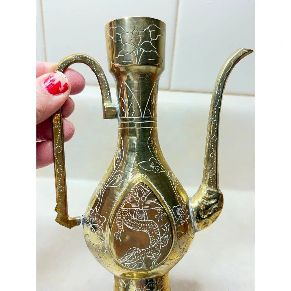 Vintage Etched Brass Ewer Pitcher Dragon Floral Design Decorative Accent FLAW 7" - Picture 7 of 12